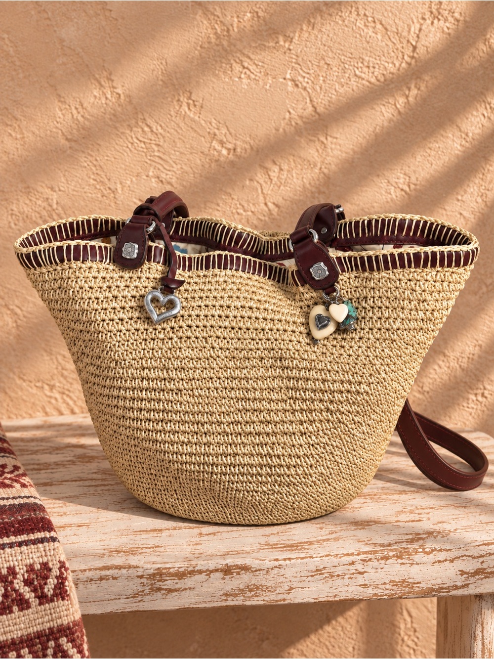 Brighton Straw Bag Burgundy Leather Trim Heart Charms Large Beach Shoulder Purse